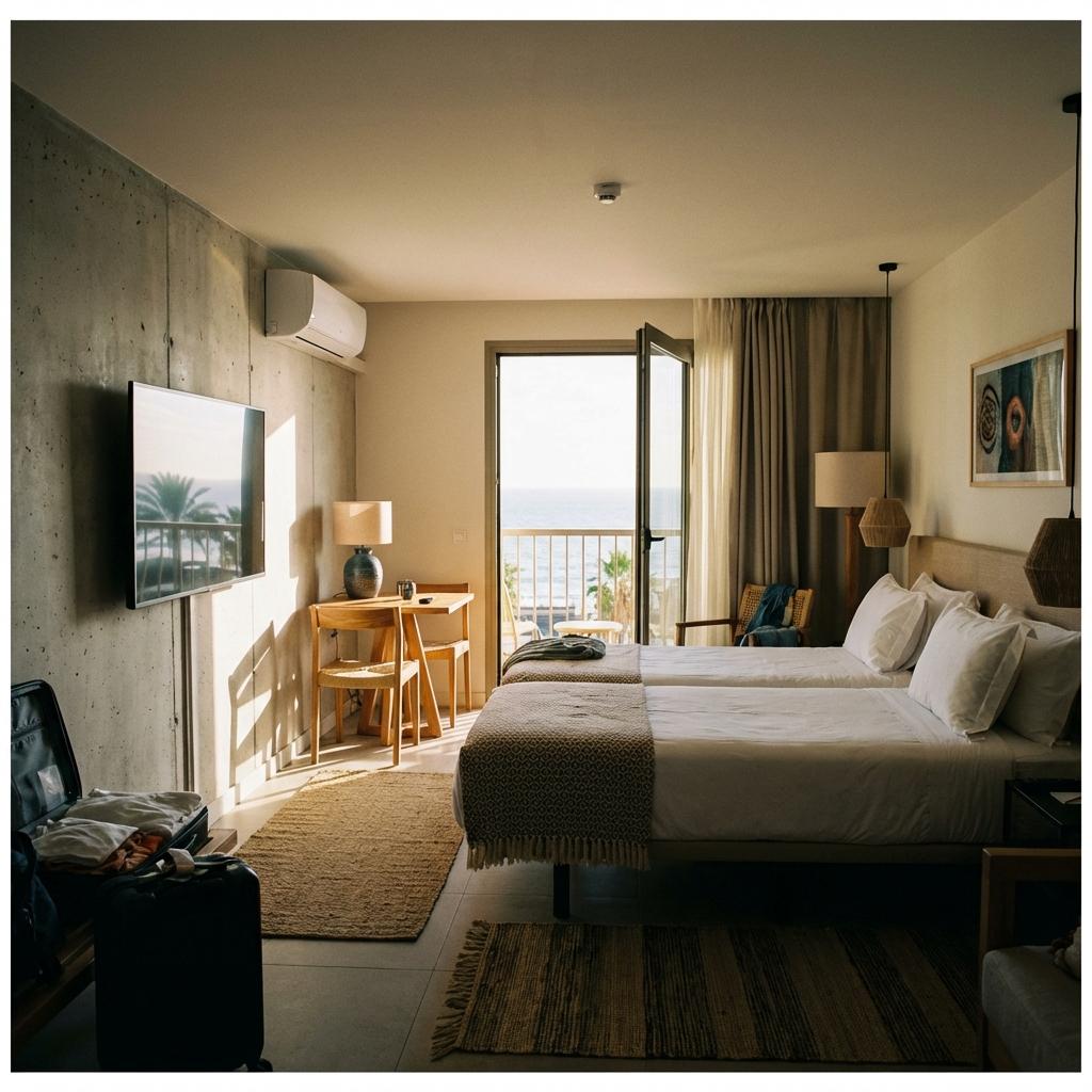 Photorealistic view inside a modern hotel room in Gran Canaria, two-person standard room setup, air-conditioning unit, T...